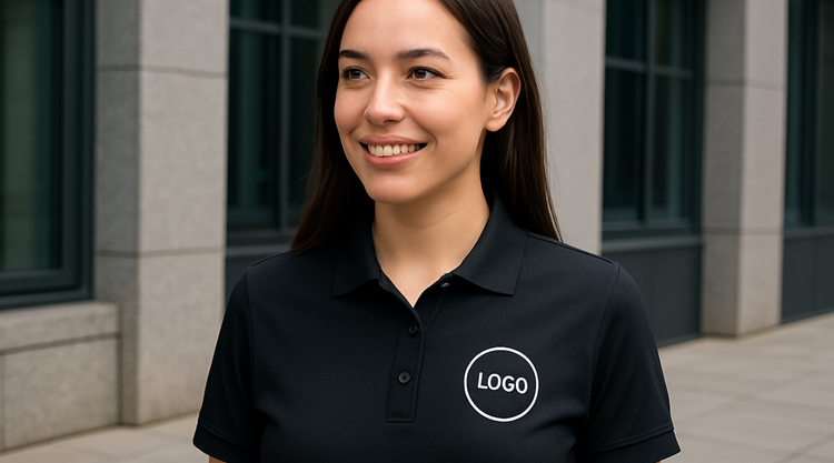 Custom business apparel including polos, T-shirts, a mug, and a hat with ‘Your Design Here’ mockups from Bougie Prints in a 16:9 layout.